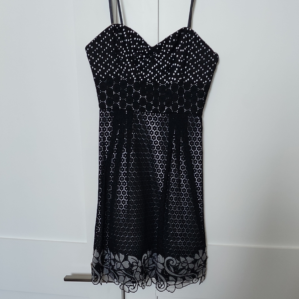 BCBG Black and White Eyelet Strapless Mini Dress